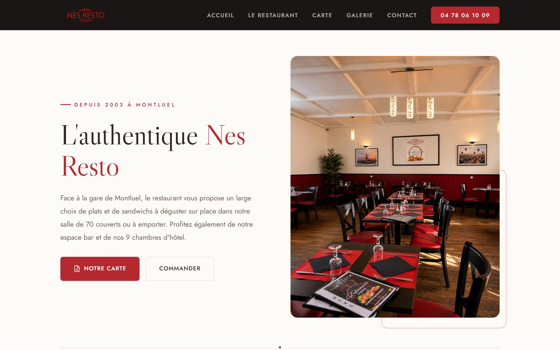 Page d’accueil du site du restaurant NES Resto, réalisé par AY-ES
